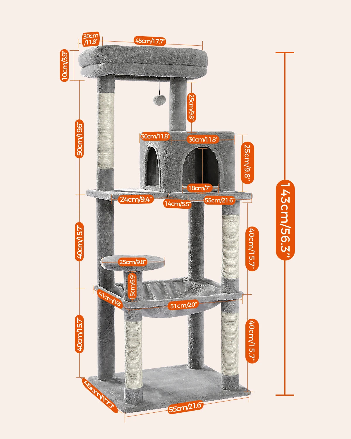 Arbre à Chat à 5 Niveaux – Tour pour Grands Chats avec Hamac, Perchoir et Griffoirs en Sisal