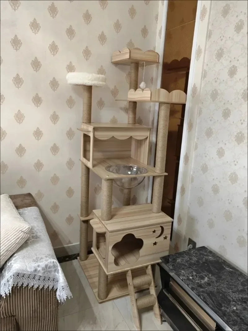 Cadre d’Escalade en Bois pour Chat – Maison Multicouche avec Poteaux à Griffer et Jouets