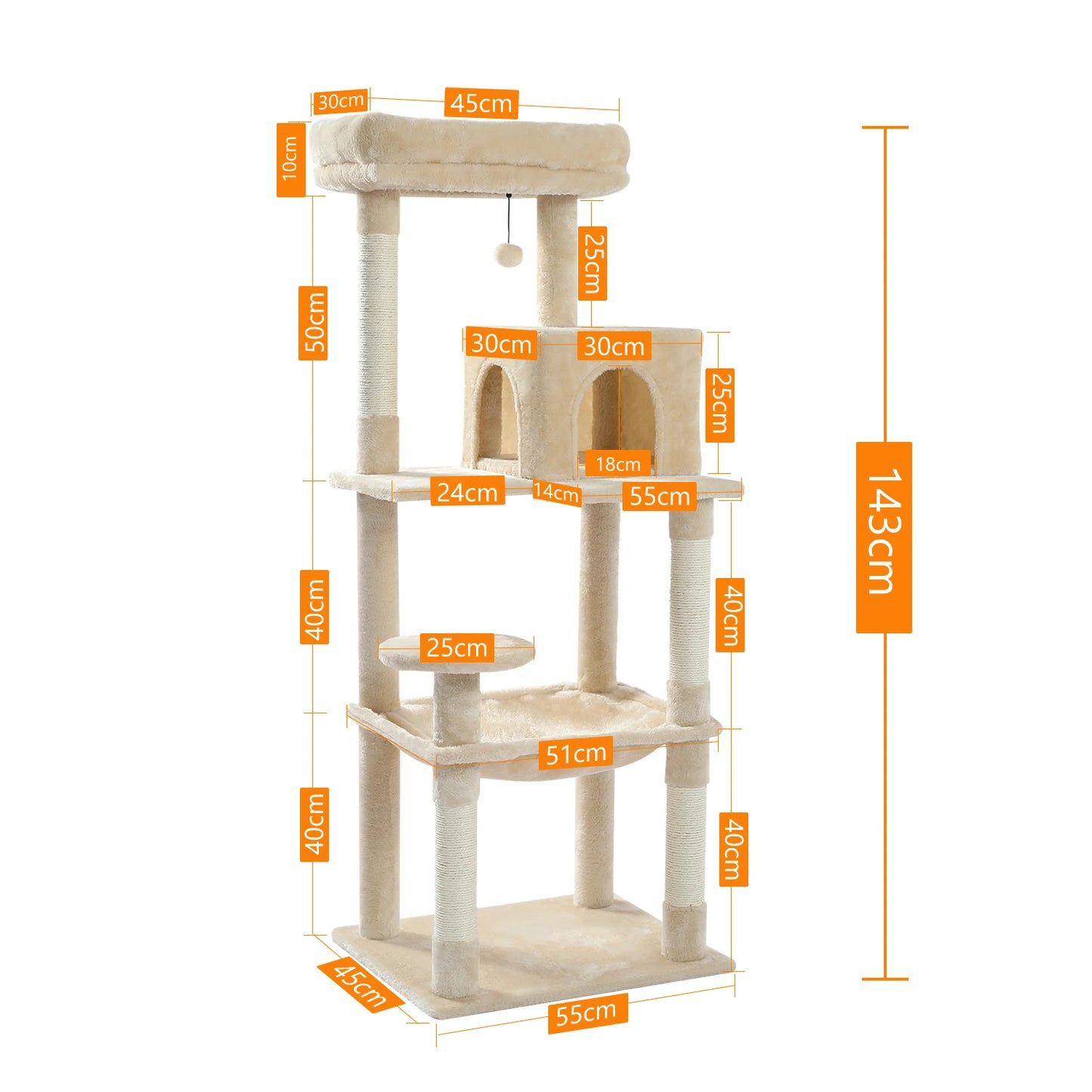 Arbre à Chat à 5 Niveaux – Tour pour Grands Chats avec Hamac, Perchoir et Griffoirs en Sisal